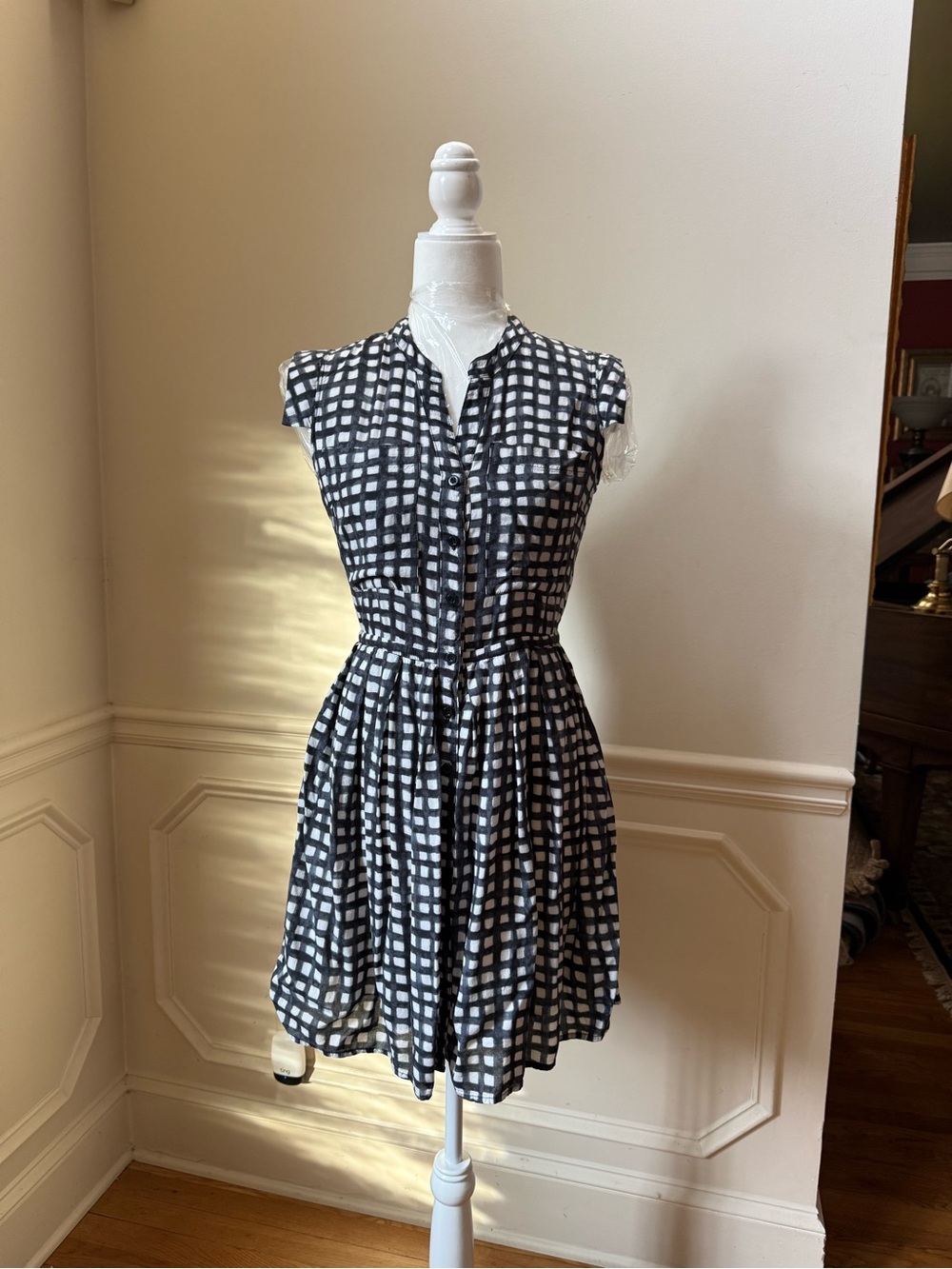Black and White Checked Cap-Sleeve Mini Dress